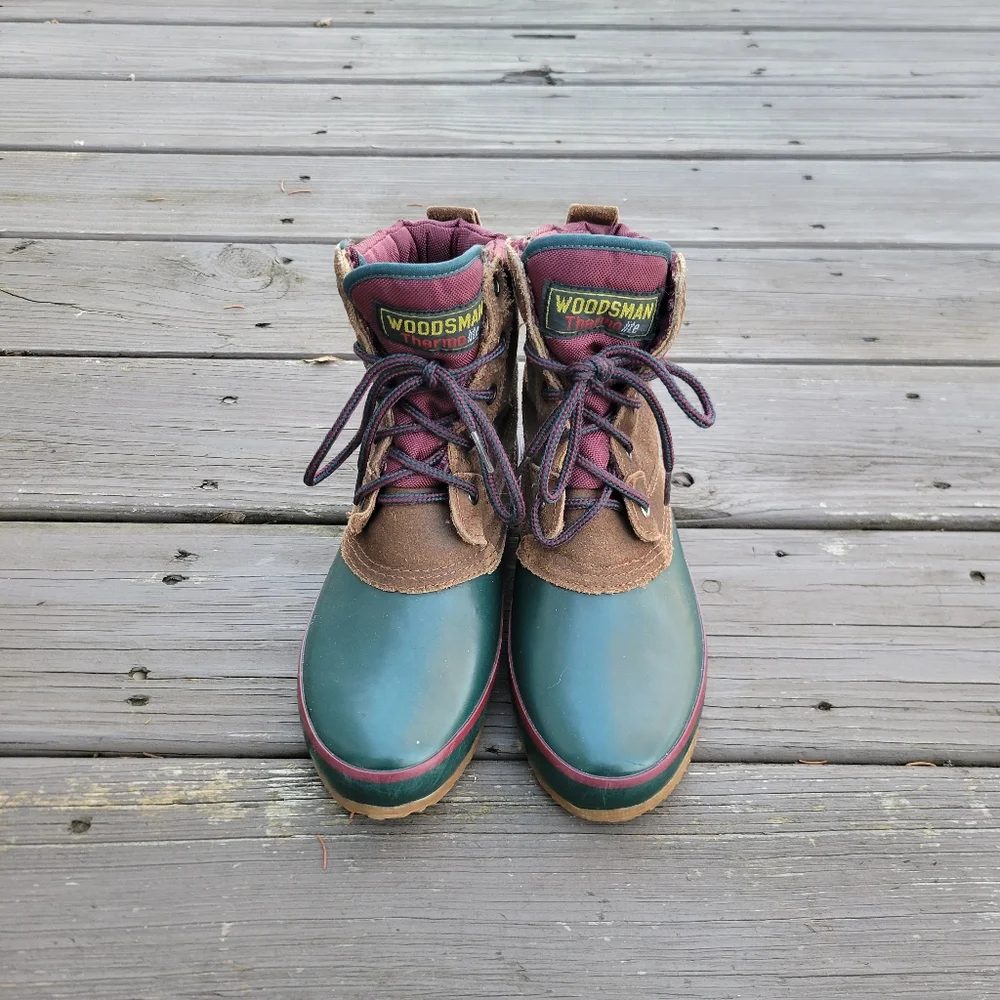 Vintage 90s y2k Woodsman Brown Roughout Suede Leather‎ Green Rubber Duck Boots 7